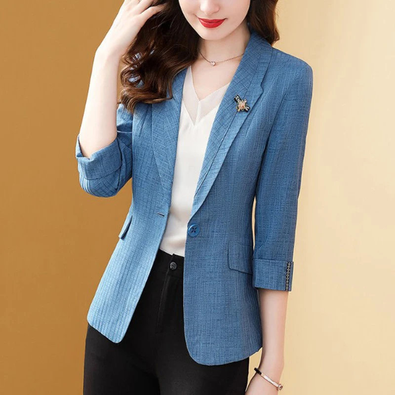 Spring Summer Women Blazers Jacket 2025 New Fashion Blue Short Three-quarter Sleeve Office Suit Female Casual Suit Tops Overcoat