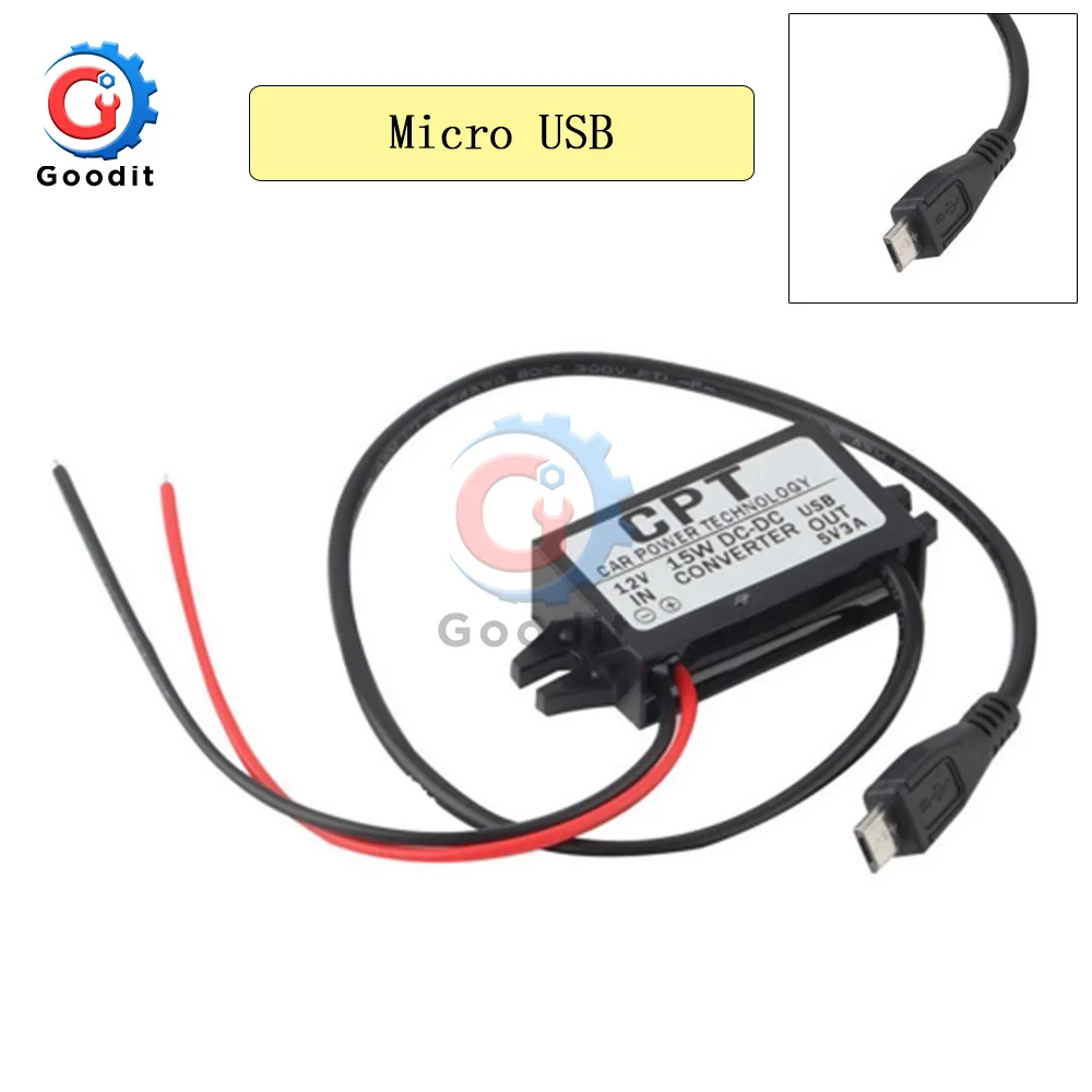 DC-DC 12V to 5V 3A 15W Car Power Converter Micro USB Step Down Voltage Power Supply Output Adapter Low Heat Auto Protection