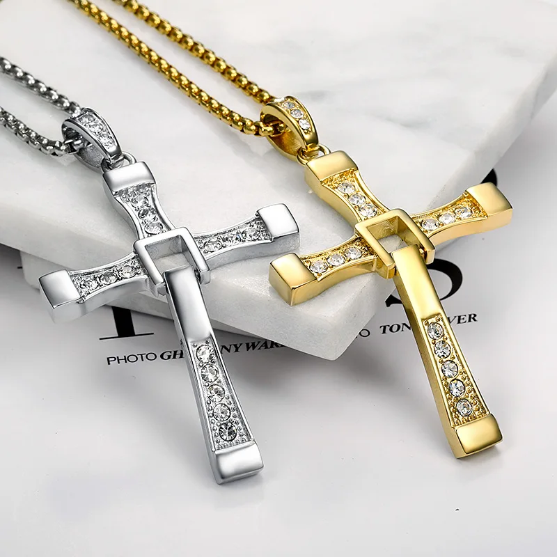 316L stainless steel Fast and Furious Movies Actor Dominic Toretto Rhinestone Cross Crystal Pendant Chain Necklace Men Jewelry