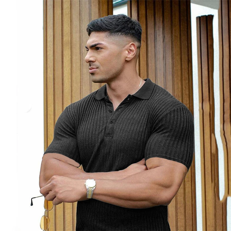 Gym Knitted Polo Shirt Men Fitness Workout Skinny Short Sleeve T-shirt Male Bodybuilding Tee Shirt Sports Polos Summer Clothing