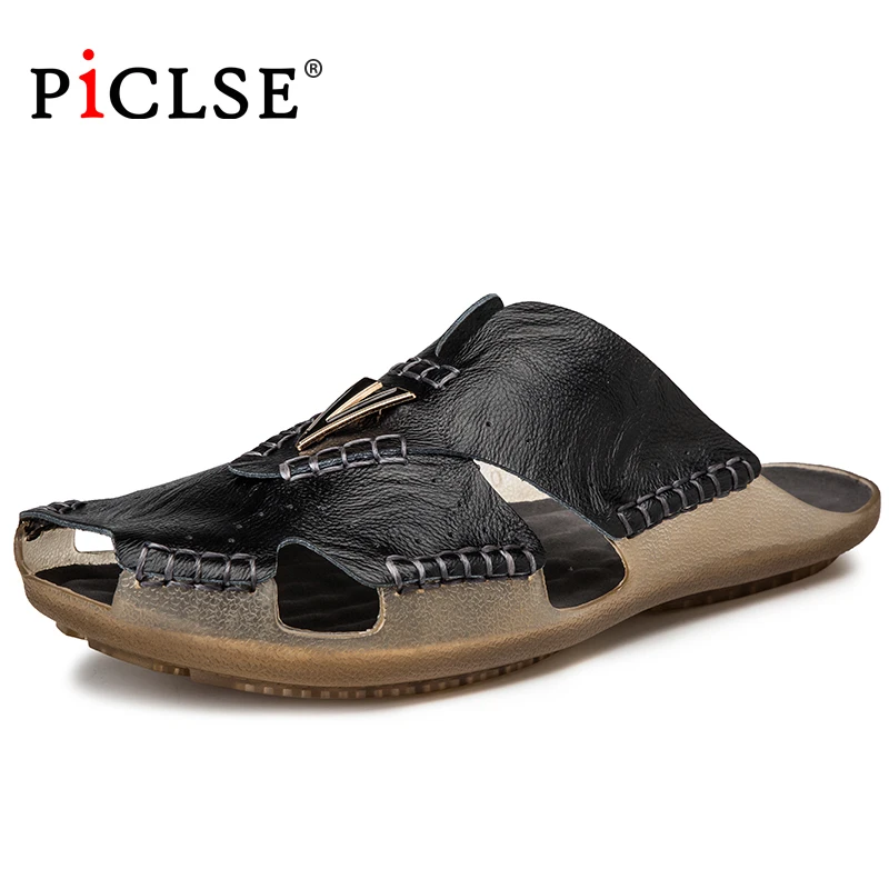 Genuine Leather Men Beach Slippers Plus size Home Sandals Summer Beach Sandals Outdoor Casual Walking Beach Flip Flops Men Shoes