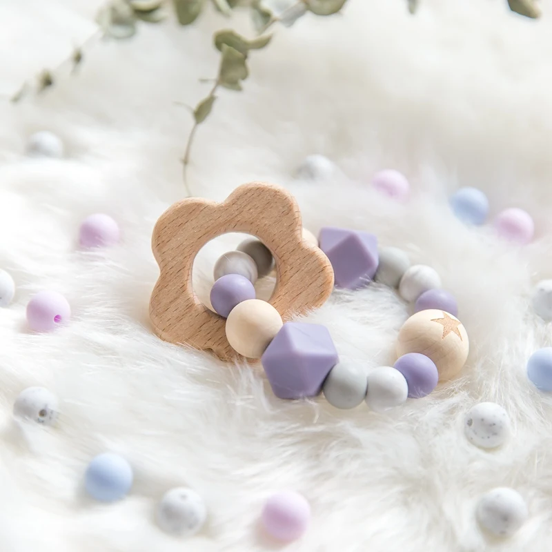 1PC  Silicone Beads Teether  Wooden Beads  Bracelet Nursing Teething Toys BPA Free Beech Wooden Star Bracelet DIY Baby Teether