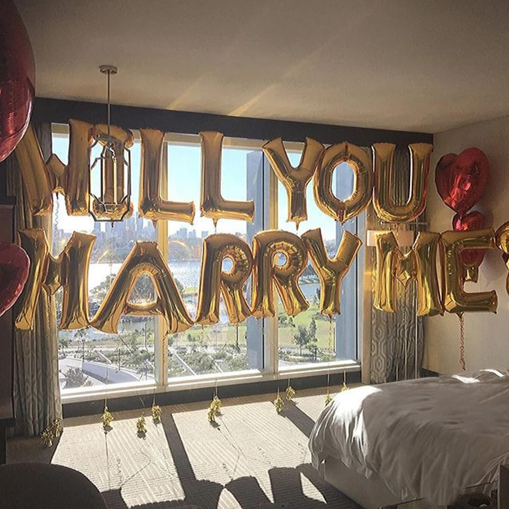 1set 16inch Rose Gold Will You Marry Me Foil Balloons 18 inch Heart Balloon for Weeding Birthday Party Bridal Shower Decorations