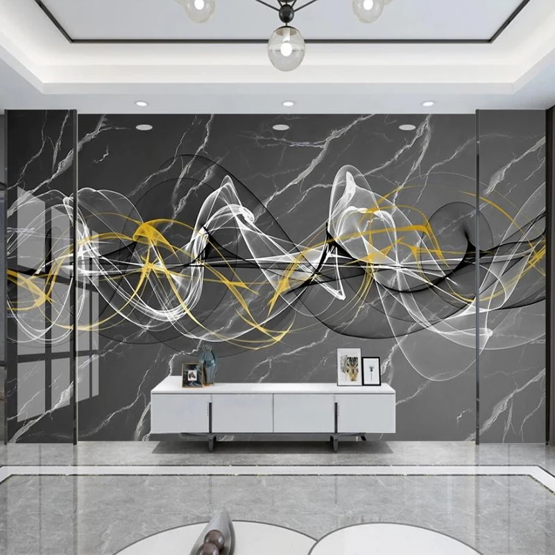 Custom Waterproof Mural Wallpaper 3D Gray Marble Pattern Light Luxury Abstract Smoke Line TV Background Wall Sticker Home Decor