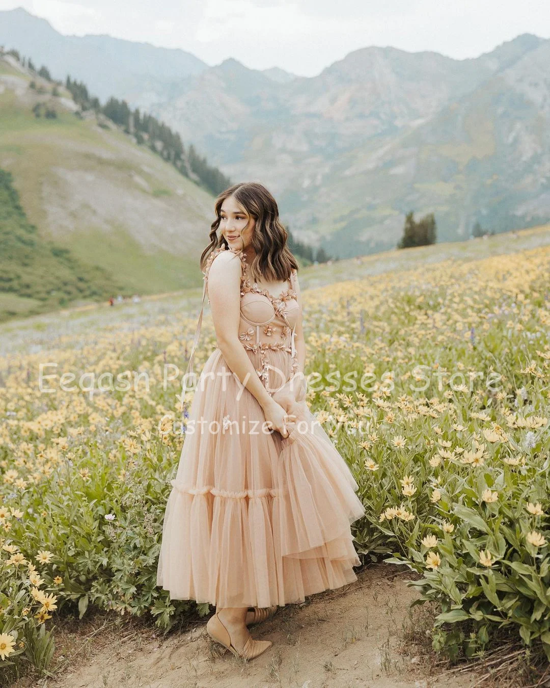 Eeqasn-vestidos de fiesta con flores 3D para mujer, traje Midi de tul escalonado, largo hasta el té, con huesos descubiertos, talla grande, 2022