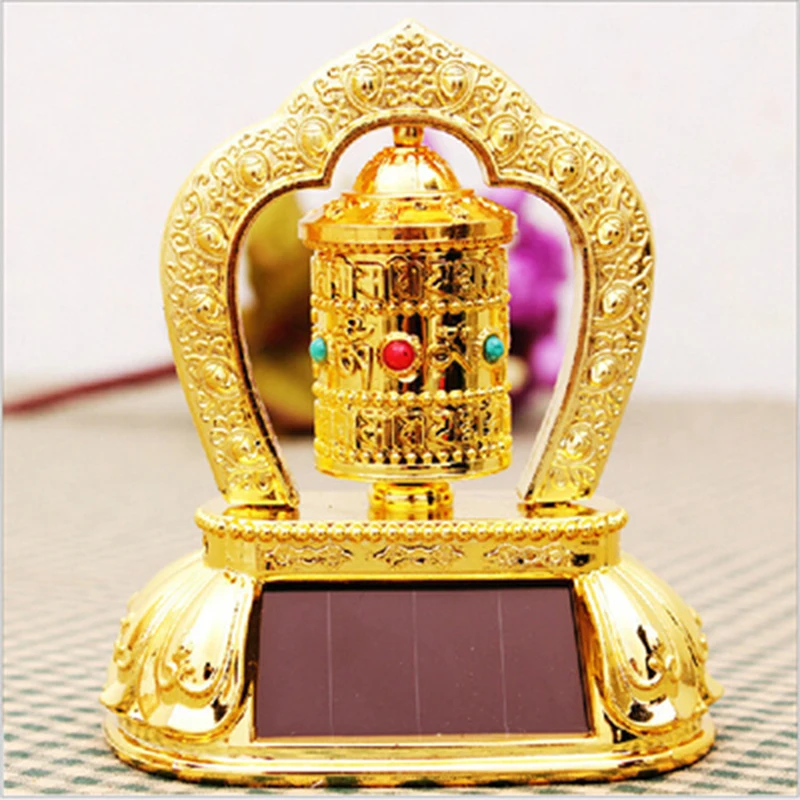 Car Ornament Creative Solar Energy Buddhist Tibetan Prayer Wheel Religious Zinc Alloy+Resin Auto Internal Safety Symbol Decor