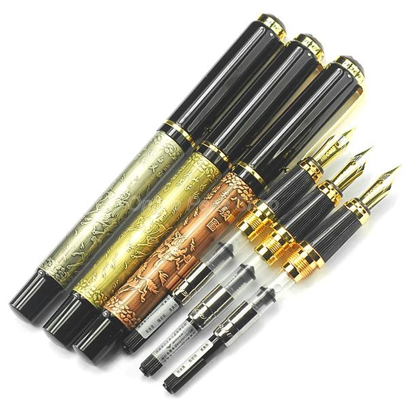 

3 Pcs Baoer 507 Metal Classic Fountain Pen Running Horses Pattern Bronze/Red Copper/Gray Color Business Writing Pen