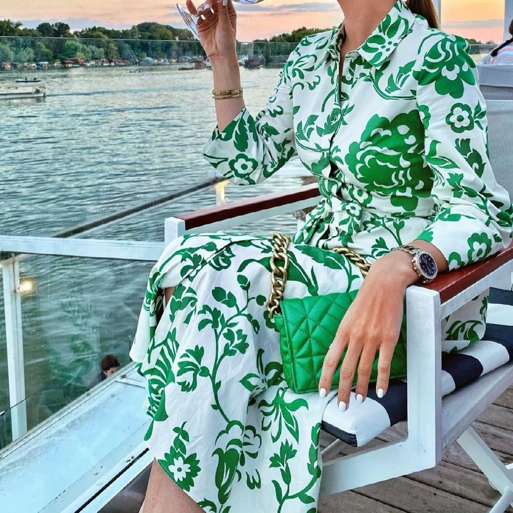 XEASY Summer Women Beach Style Green Floral Print Bow telai Midi bavero Dress Female Chic manica lunga Casual abiti sottili sottili