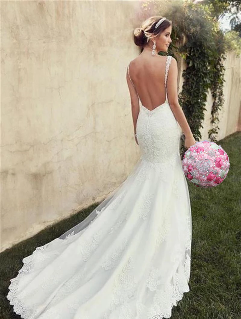 1 pz/lotto strass rosa che tengono fiori fiori da sposa mazzi da sposa nastro avorio spilla Bouquet Bouquet di diamanti da sposa