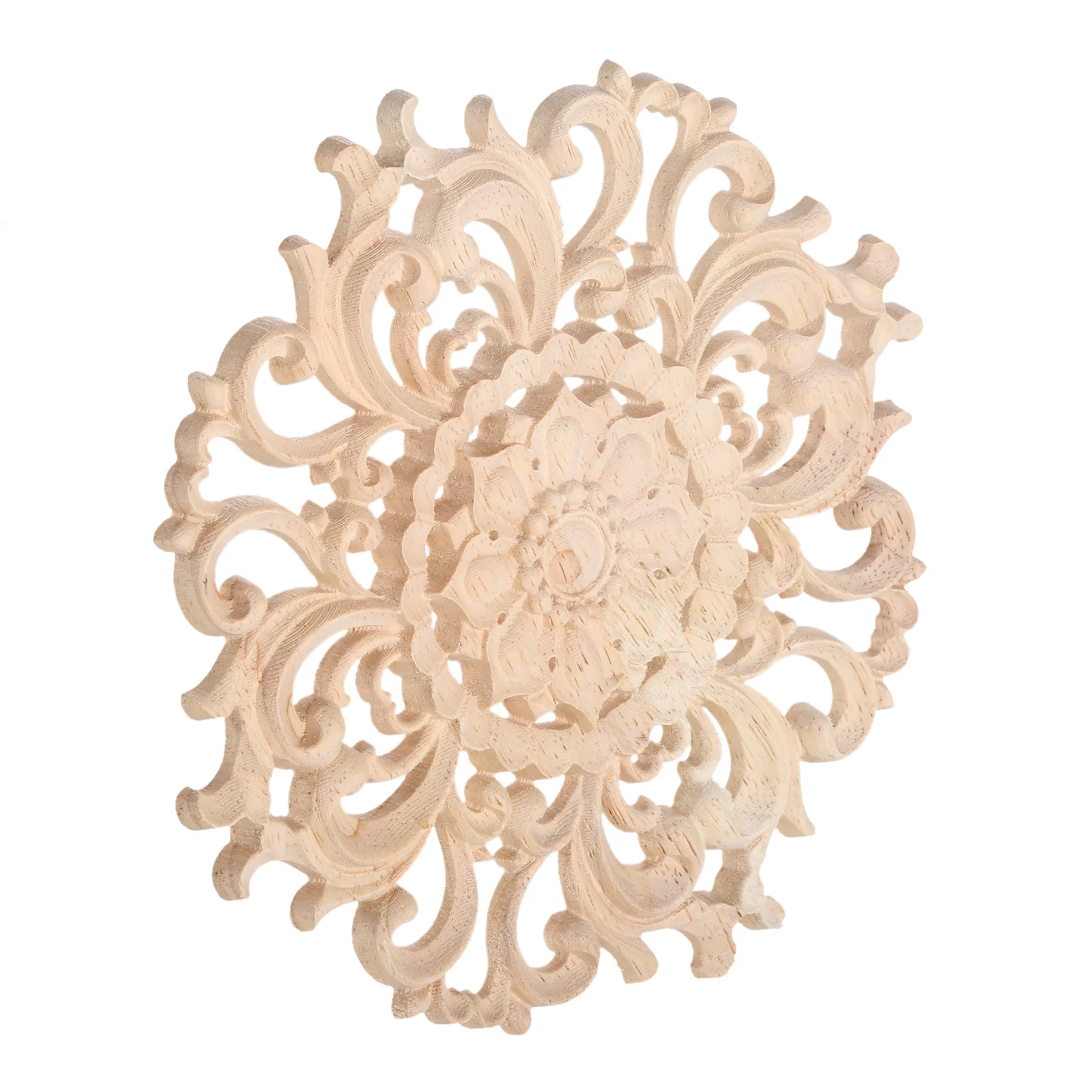1pc Round Flower Wood Carving Decal Unpainted Disc Onlay Decor Door Furniture Symmetrical Court European Style 10cm 3D Disc image 6