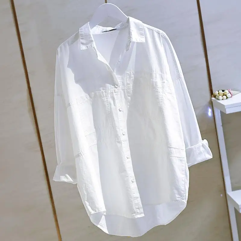 Oversize Shirts Womens 2021 Korean Fashionable Double Pocket Long Sleeve Cotton White Tops Female Boy Friend Style Trend Blouse
