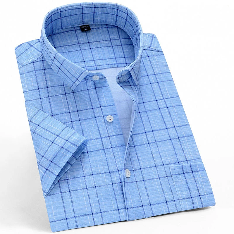 Summer Short Sleeve Casual Shirts Men Business Stretch Plaid Shirt Mens Checkered Leisure Foral Comfortable Button Dress Shirt