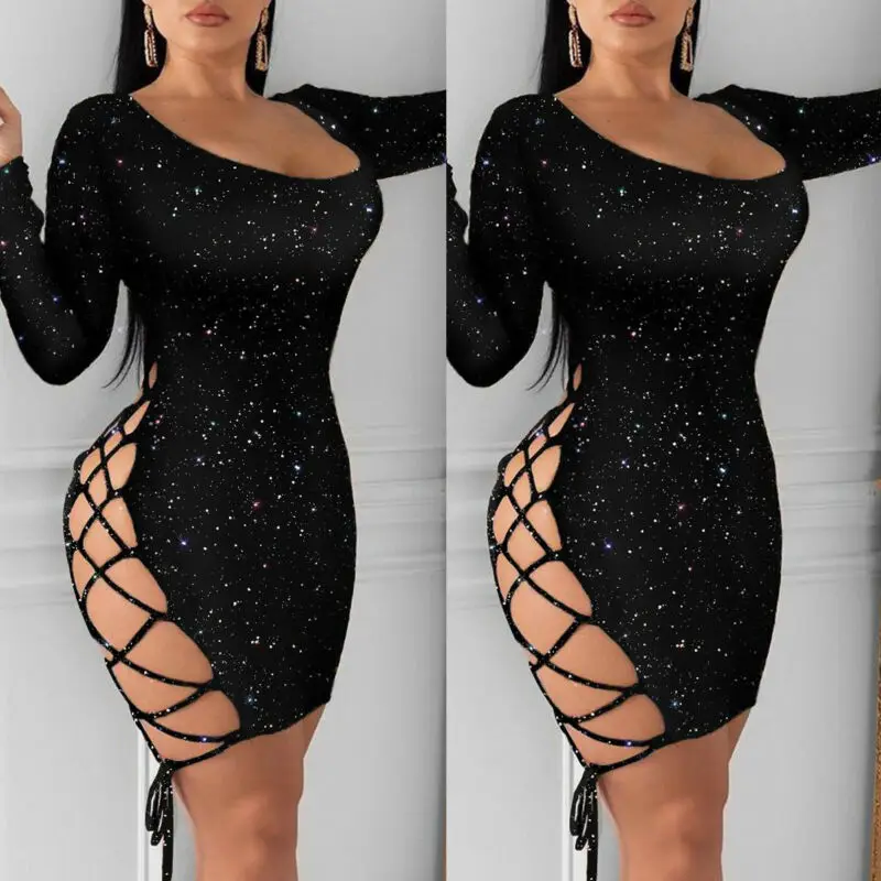 Summer New Women O-neck Dress Sexy Pencil Dress Backless Hollow Out Long Sleeve Bandage Bodycon Night Party Club Fashion Dress