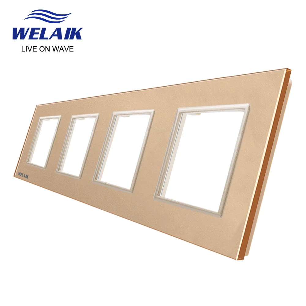 WELAIK  EU 4Frame 293*80mm White Wall Socket Outlet Square Hole Crystal Tempered Glass Panel Only DIY Parts  A48W1