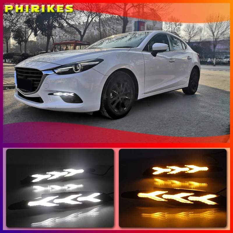 

Car 1Pair For Mazda 3 Axela 2017 2018 DRL LED Daytime Running Light Fog Lamp With yellow Flowing Turning Signal light