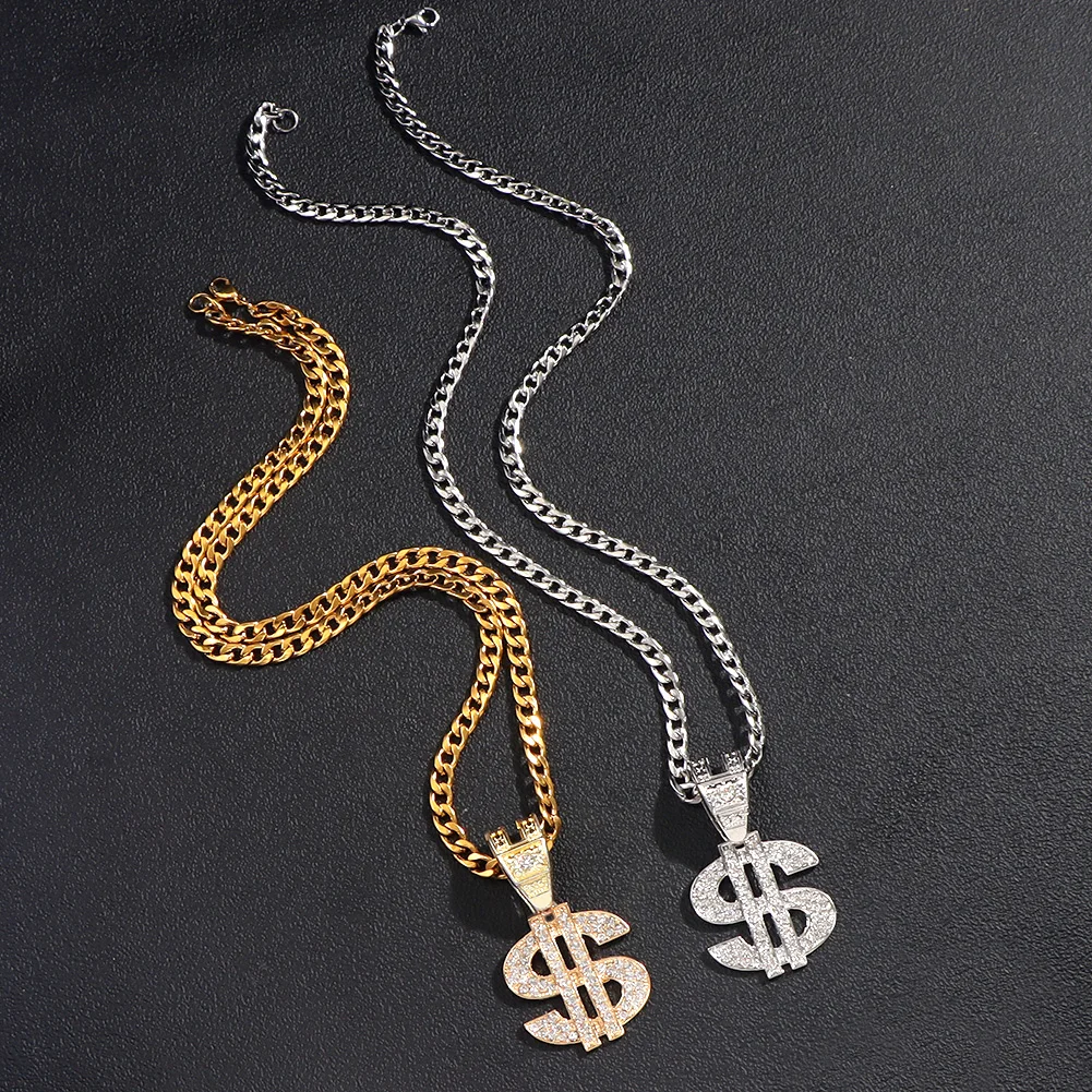 Bling Strass Dollar Anhänger Halskette Für Männer Silber Farbe Iced out 13mm Kubanischen Kette Choker Halsketten Hiphop Rap Rock schmuck – Detail 7