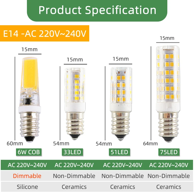 Kaguyahime-bombilla LED de cerámica regulable sin parpadeo, G4, G9, E14, 220V, CA, CC, 12V, G9, 3W, 5W, 6W, 7W, 9W, 10W, 12W, 1505, 2508