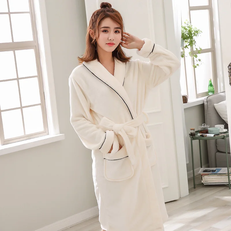 Solid Warm Robes Women Dressing Gown Winter Coral Fleece Nightdress Sleepwear Female Pajamas Home Clothes Kimono Hotel Bathrobe