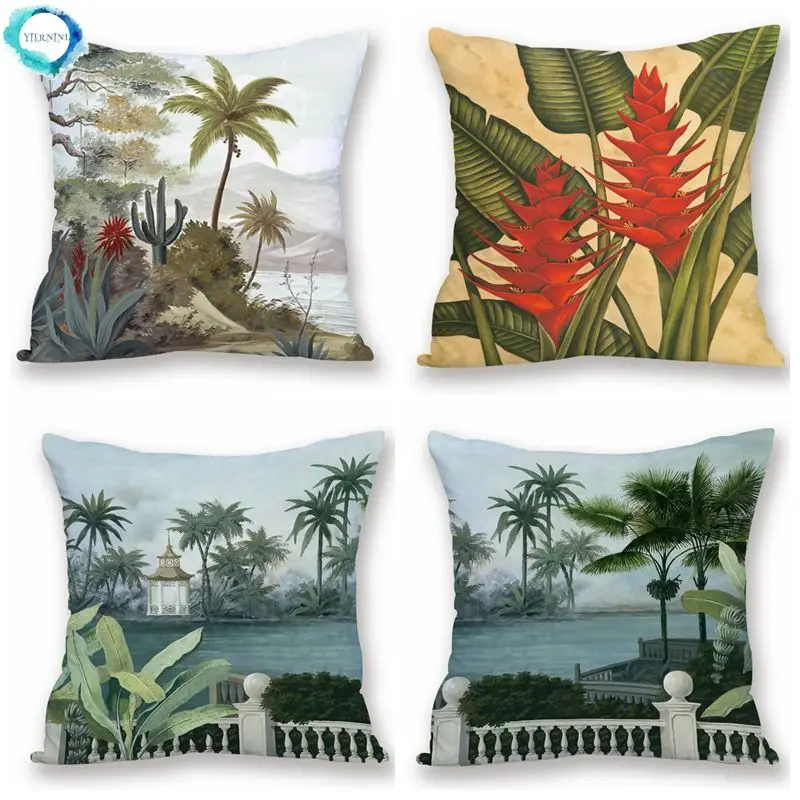 

Tropical Vintage Palm Cactus Cushion Cover Cotton Linen Throw Pillow Case Floral Sofa Couch Pillow Cover 45X45CM Fundas De Cojin