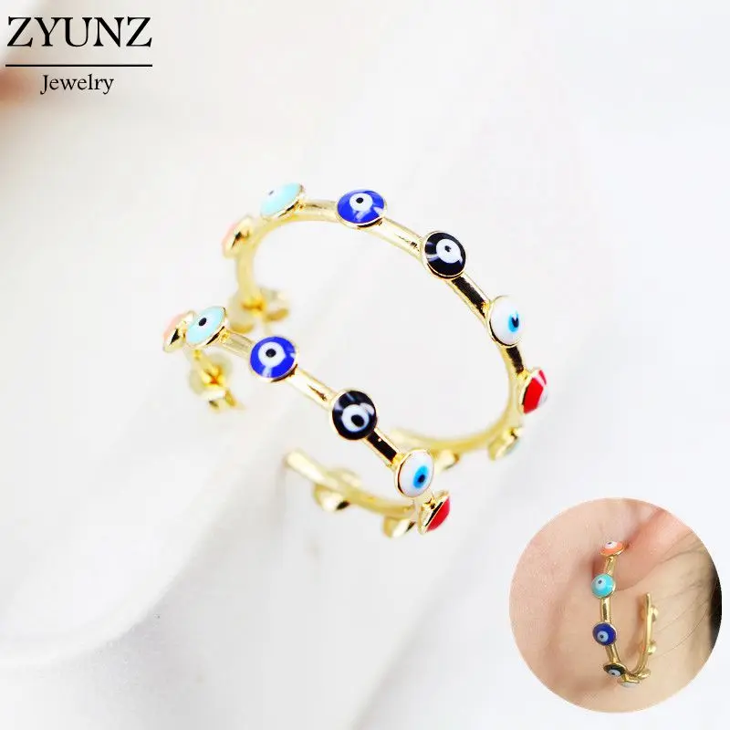 

4 Pairs, Geometric Circle Enamel Evil Eye Earrings for Girl Gold Color Turkish Evil Eye Round Earrings