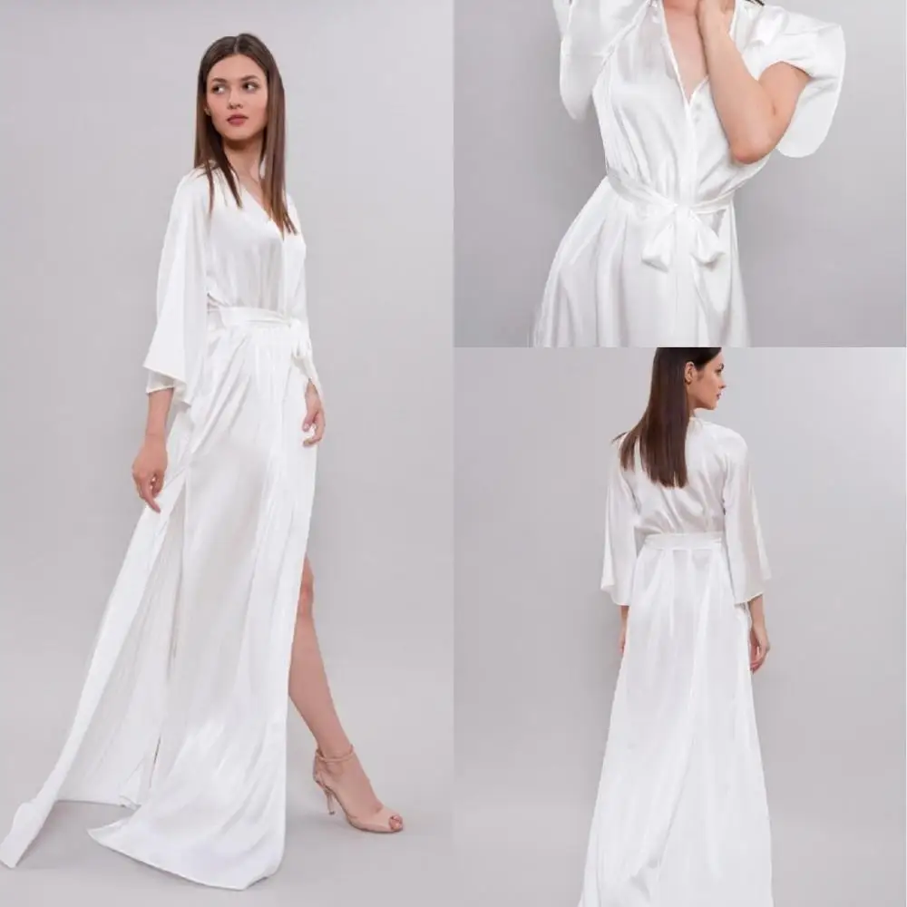 White Side Split Bridal Bathrobe Wedding Lingerie Nightgowns Pajamas Sleepwear Women's Luxury Gowns Housecoat Nightwear