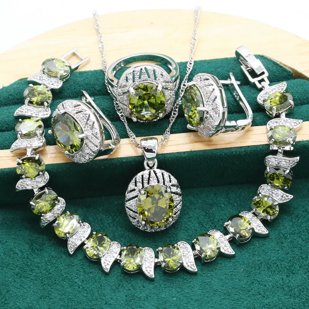 Classic Green Peridot 925 Sterling Silver Jewelry Sets For Women Bracelet Hoop Earrings Necklace pendant Ring