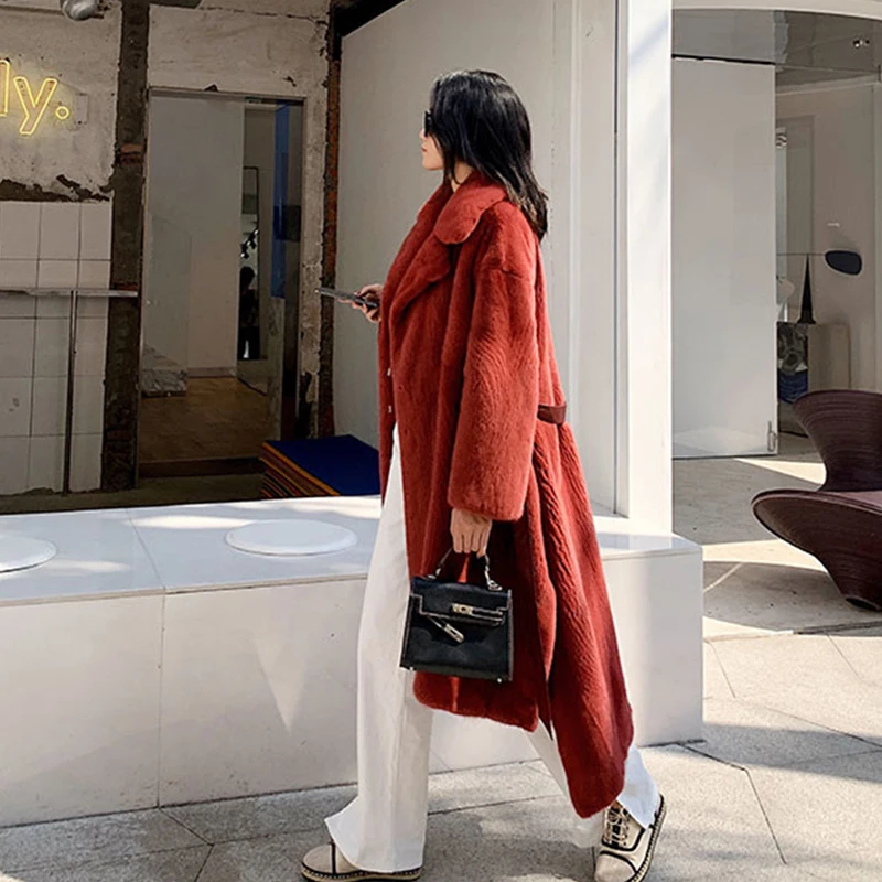 Ftangaiur Winter Import Velvet Mink Fur Coat Solid Turn-Down Collar Mink Coat Women's X-Long Natural Real Mink Fur Coats