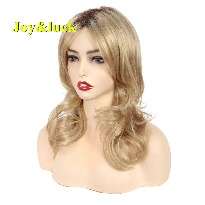 Joy&luck Medium Length Blonde Wave Wig Synthetic Wigs for Women Ombre Brown Wigs Blond Hair Full Wig With Bangs Daily Hair Wig