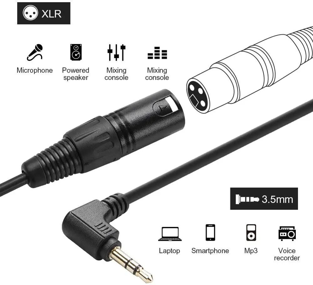 3.5Mm Sang XLR, Góc 3.5Mm (1/8 Inch) TRS Stereo Đực XLR Nam Cáp Tương Thích Với Điện Thoại, Máy Tính Bảng Laptop Và Nhiều Hơn Nữa. Đen