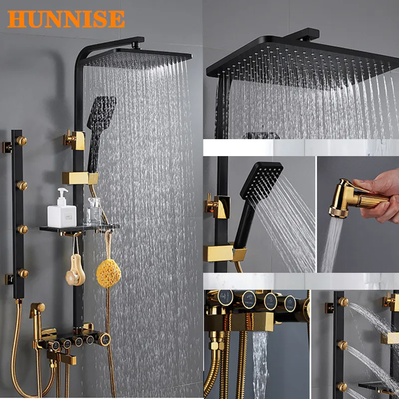 Bathroom Shower Set Black Gold Chest Spray Shower System Rainfall Shower Head Copper Bathtub Faucet Hot Cold Shower Mixer Set