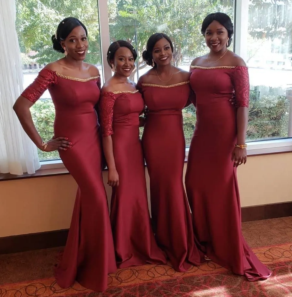 2023 New Nigerian South African Burgundy Bridesmaid Dresses Elegant Off Shoulder Mermaid Sequined Sleeve Long Maid of Honor Gown