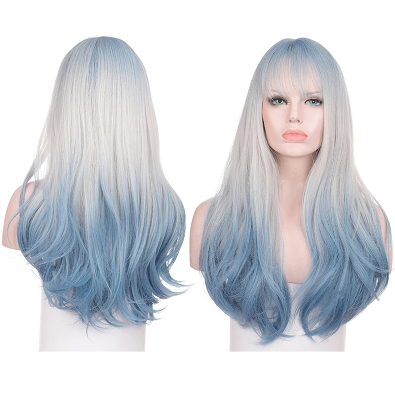 

XUANGUANG Synthetic Hair Light Blue Stitching Water Ripple Long Curly Hair With Bangs Wig Cosplay Wig Suitable For Women