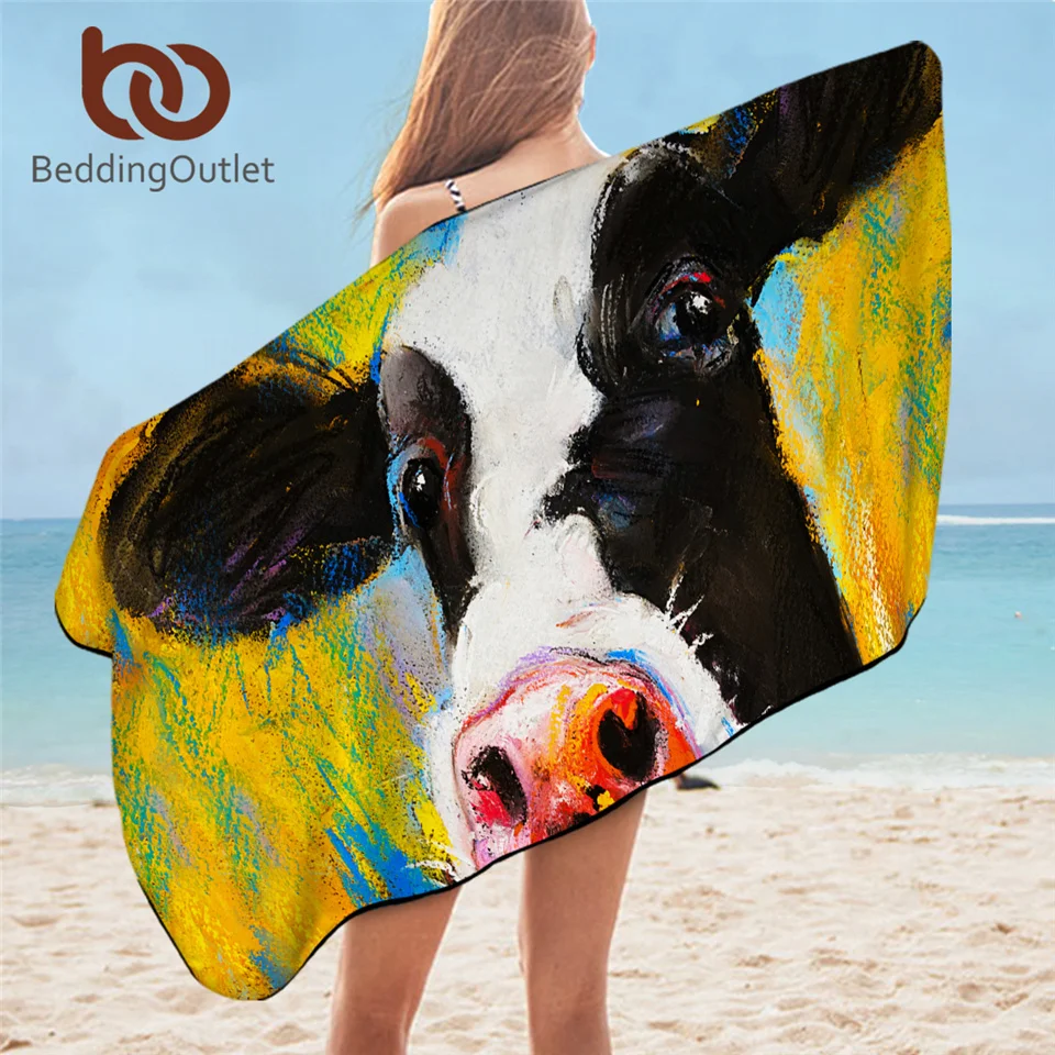 

BeddingOutlet Milk Cow Portrait Bath Towel Pastel Painting Microfiber Beach Towel Farm Animal Picnic Mat 75x150cm Thin Blanket