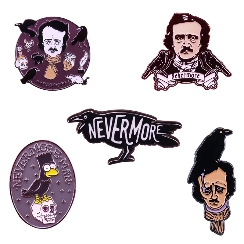 Edgar Allan Poe enamel pin Nevermore The Raven Brooch Gothic Creepy Odd Halloween Horror Jewelry