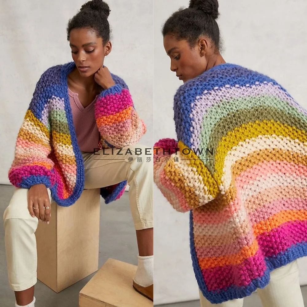 Autumn Winter Handmade Rainbow Striped Crocheted Cardigan Hit Color Thick V-Neck Hooked Sweater Coat Female Knitwear Crop Tops