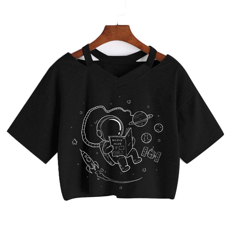 Universe Space Short Tee New Moon Astronaut Print T-shirt Women Casual V-Neck Sexy Short Sleeve Crop Tops Harajuku Streetwear