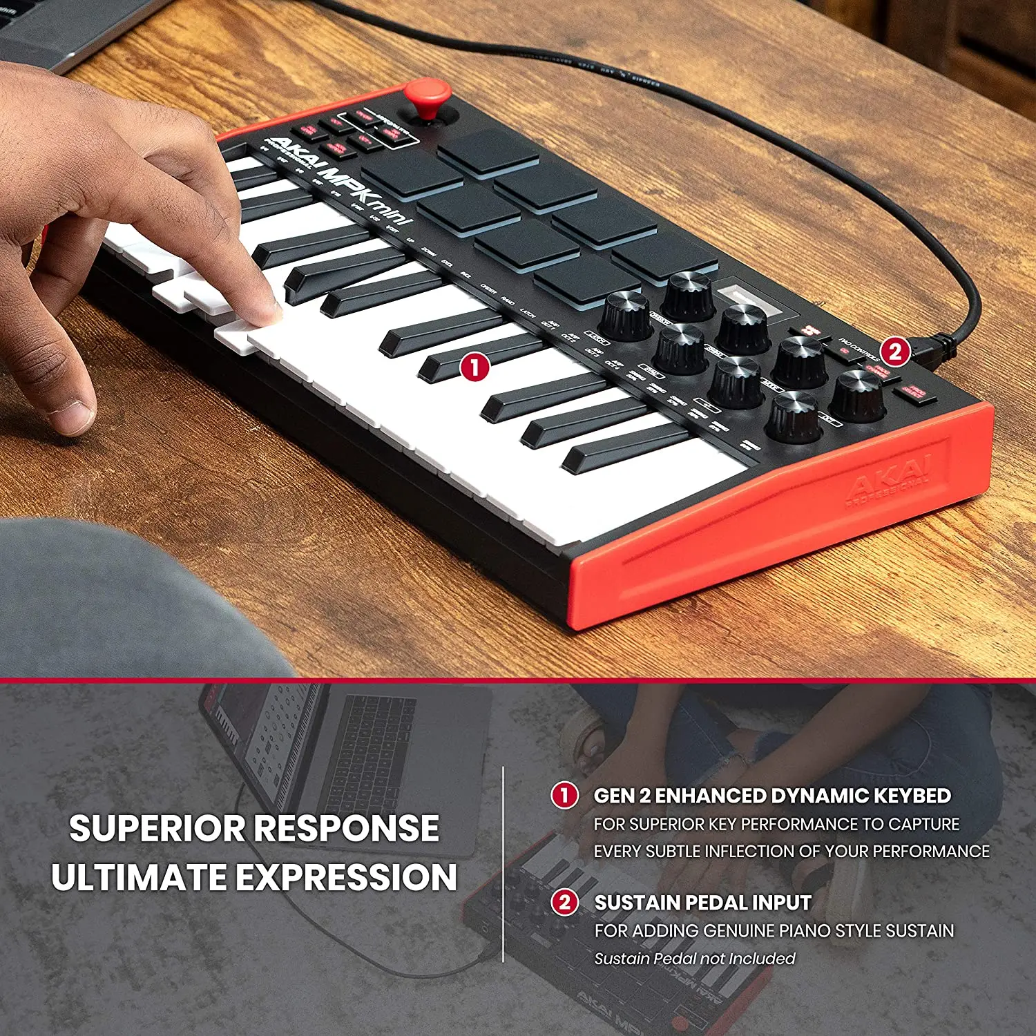 AKAI المهنية MPK Mini MK3 - 25 مفتاح USB ميدي وحدة تحكم بلوحة مفاتيح مع 8 منصات طبل الخلفية ، 8 المقابض إنتاج الموسيقى البيانو
