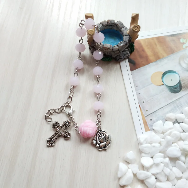 QIGO Pink Crystal Strand Cross Rosary Bracelet Religious Jewelry