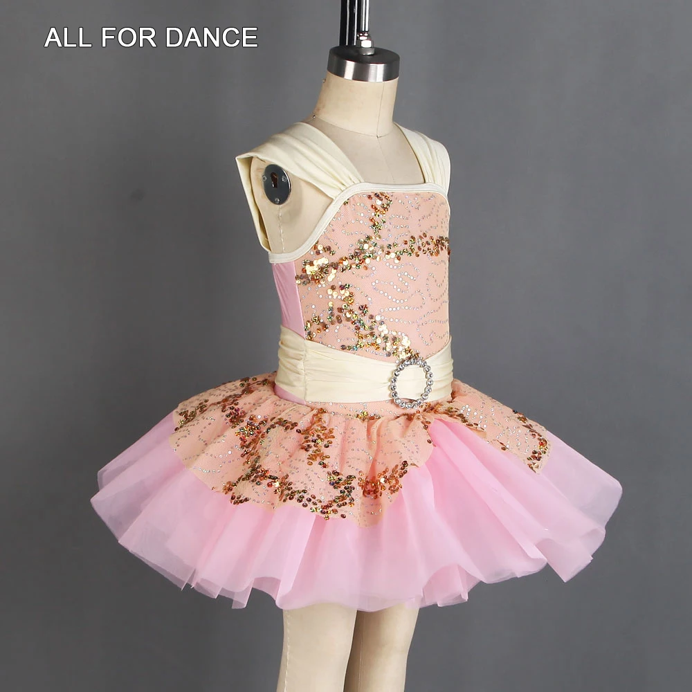 20129 Ivory Sequin Net With Pink Spandex Top Ballet Dance Skirt For Little Ballet Girl Stage Performance Dance Dress