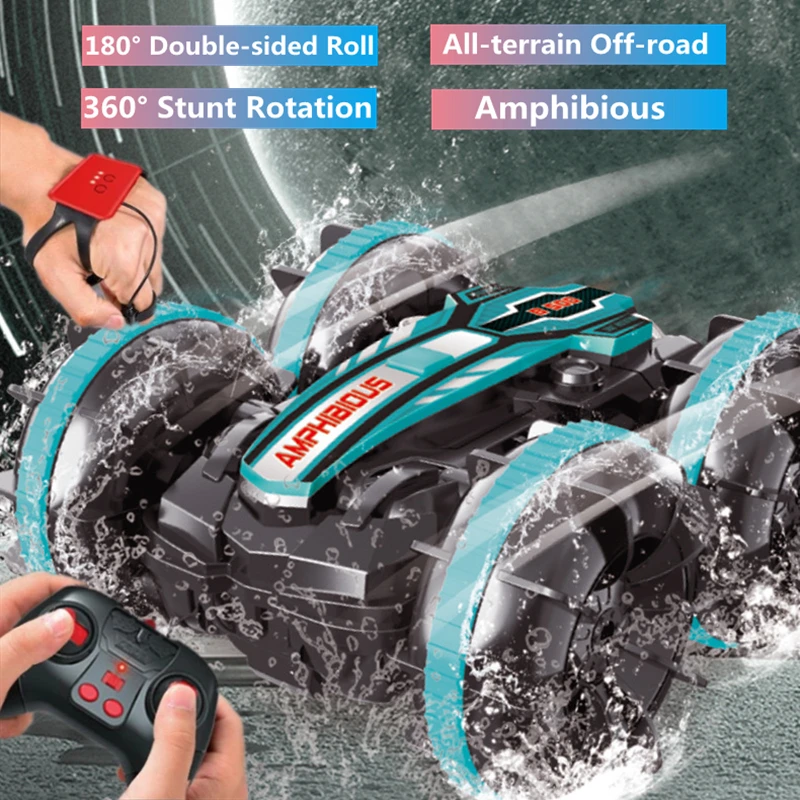 Amphibious Auto Demo Off-road RC Car 2.4G 360° Stunt Rotation Double-sided Tumbling Propeller Tire 2.4G/Watch Dual RC Car  Buggy