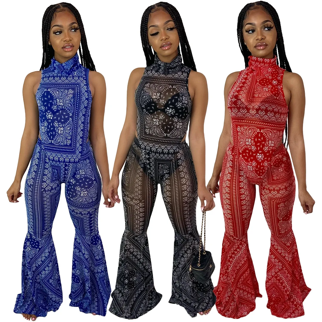 Sexy Bandanna Print Bodysuit for Women, Flare Pants Suit, Fashion Tracksuit, Fitness Outfit, Matching Set, Promotion, 2 Pcs