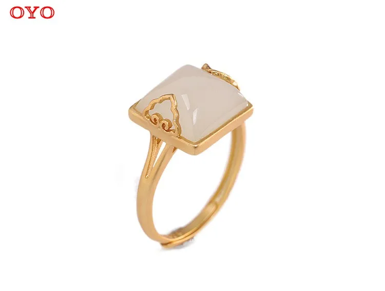 

100% s925 silver thick jewelry Hetian jade square shape Simple and fashionable women's open ring