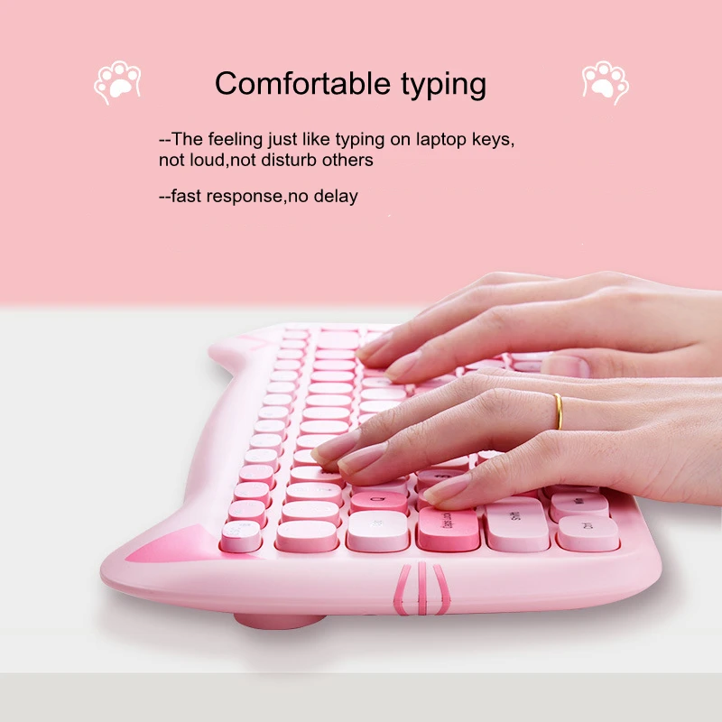 Lovely Cat 2.4G Wireless Quiet Small Mini Keyboard Mouse Kit Set Women Girl Gift 84 Key Cute Pink Purple Yellow For PC Laptop