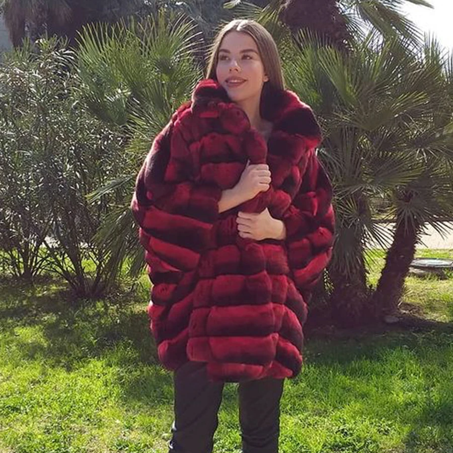 Natural Rex Rabbit Fur Coat Women Winter Fur Jacket Bat Type Overcoat In Red Color Custom Size And Color