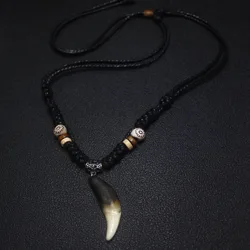 Wolf Tooth Necklace Man Fashion Ornaments  Black rope Rock Pendant Ethnic Style Retro