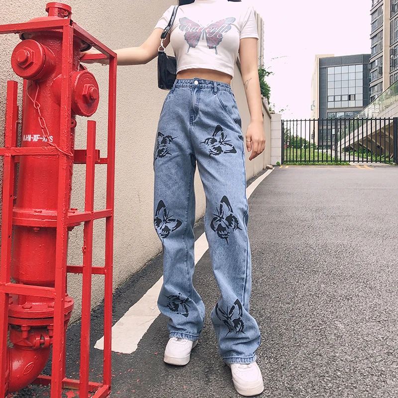 Women\'s High Waisted Jeans Butterfly Print Straight Wide Leg Denim Pants Baggy Loose Casual Trousers Streetwear