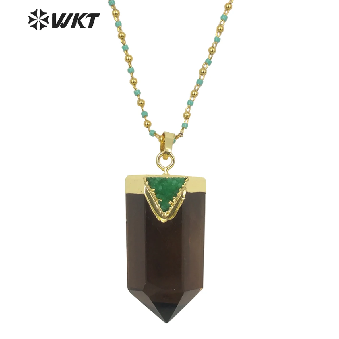 

WT-N1291 Wholesale Newest Populared Haxagona Spirit Quartz Smoky Stone Pendant Necklace With Druzy Charm Colorful Rosary Chain