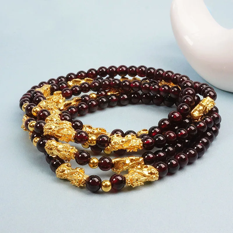 1PCS Real 24K Yellow Gold Bracelet For Women Red Garnet Beads 5mm With 3D Small Pixiu Dragon Bracelet Gift