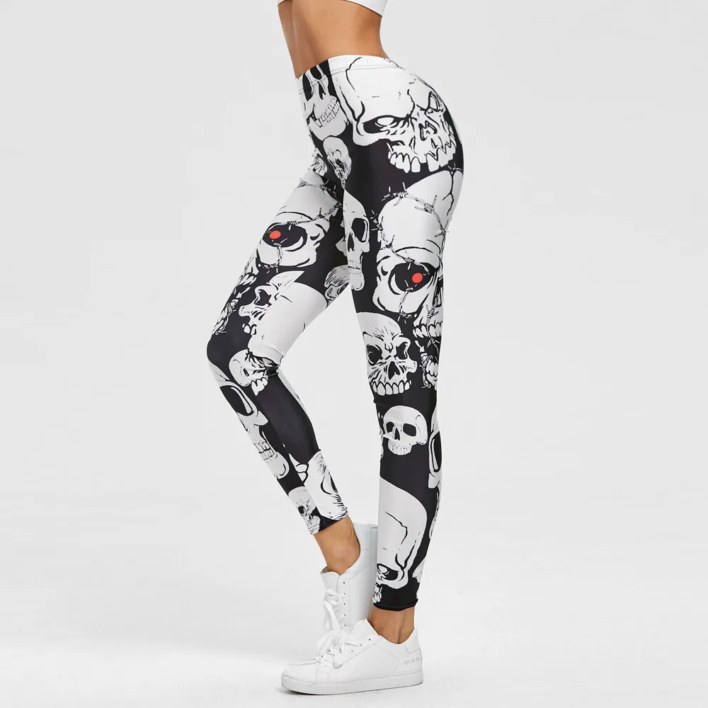 FCCEXIO Women Skull Print Sport Leggings New Pants Workout Fitness Jogging Running Pants Gym Tights Stretch Sportswear Leggins