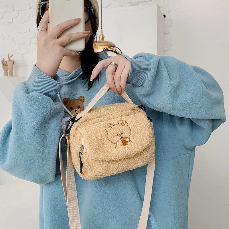 Women Mini Plush Shoulder Bag Female Small Canvas Cross Body Bags Ladies Cute Embroidery Zip Cloth Purse Mobile Phone Bag Tote